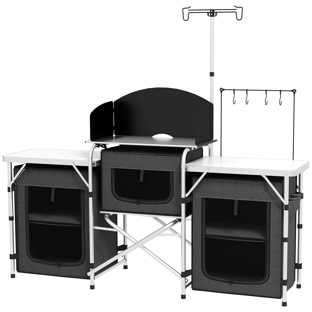 Outsunny Faltbare Campingküche mit 3 Ebenen, 5 Innenregalen und 4 Haken, 172x48x119 cm, Schwarz