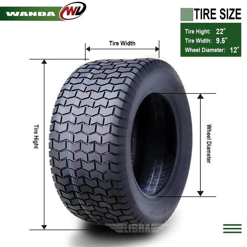 WANDA 22×9.5-12 Turf Tire – 4-Ply Lawn Tractor Replacement, 22×9.5×12, 13135 Load Index