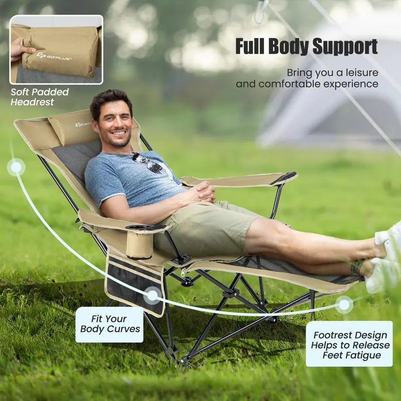 Reclining Camping Lounge Chair with Adjustable Backrest & Integrated Footrest for Outdoor Comfort