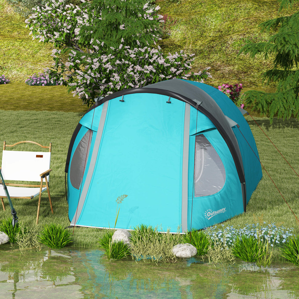 Outsunny Camping Zelt 2-4 Personen, familien Dome Zelt wasserdicht, mit Fenstern, Tasche, Tragetasche Himmelblau