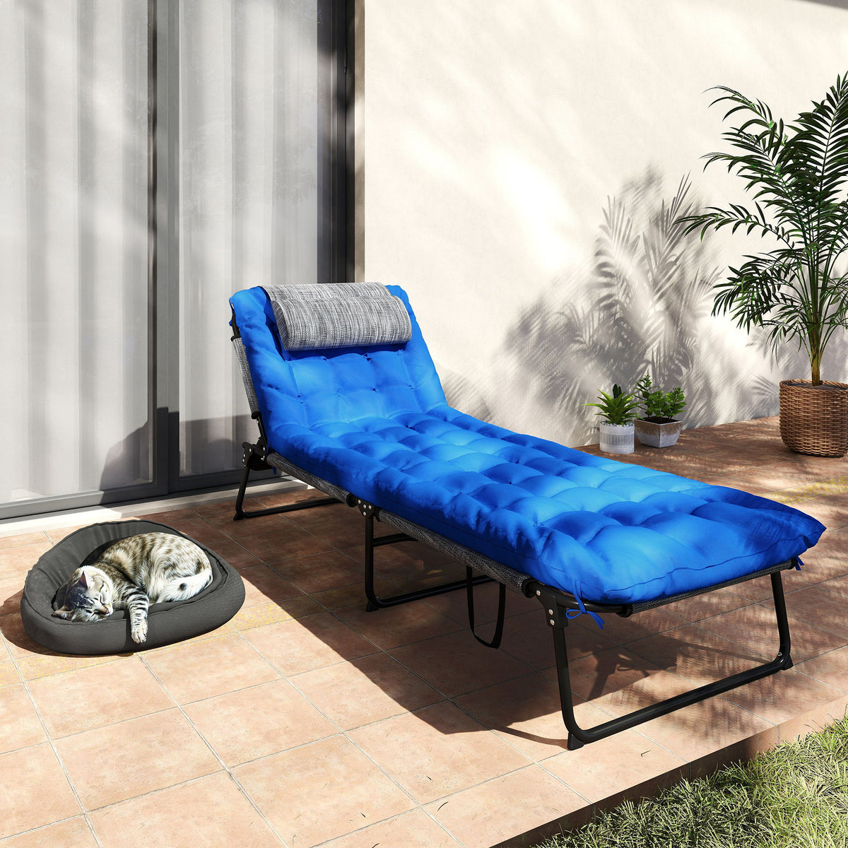 Outsunny Sonnenliege, 4-stufig verstellbare Rückenlehne, Kissen, Seitentasche, Kopfstütze, 68 x 189 x 30 cm, Blau