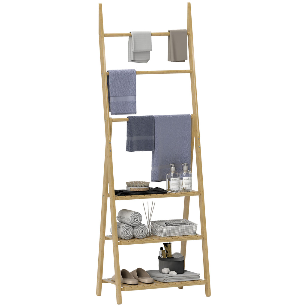 HOMCOM Badezimmerregal 3 Regale mit 3 Handtuchstangen, freistehend und klappbar aus Bambus