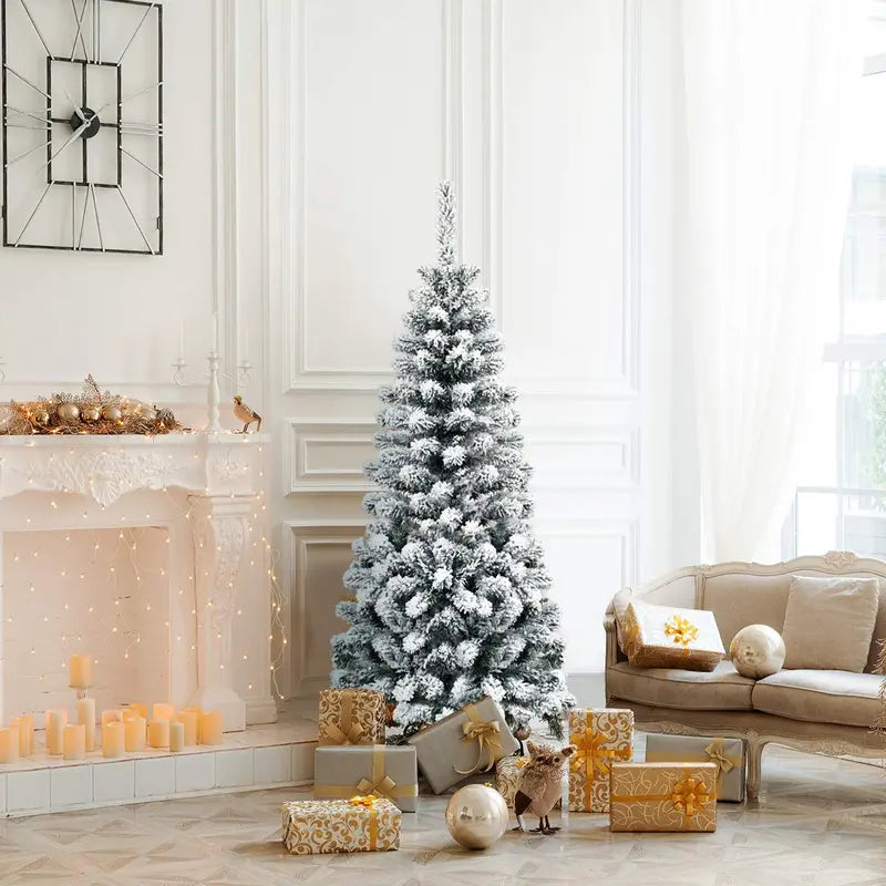 Snowy Slim Artificial Christmas Tree – Weather-Resistant Flocked Xmas Tree for Indoor & Outdoor Use