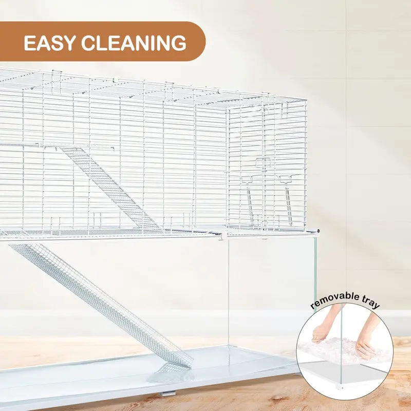 Large 3-Tier Hamster Habitat – Glass Base with Wire Topper, Ramps, Ladders & Waterproof Tray