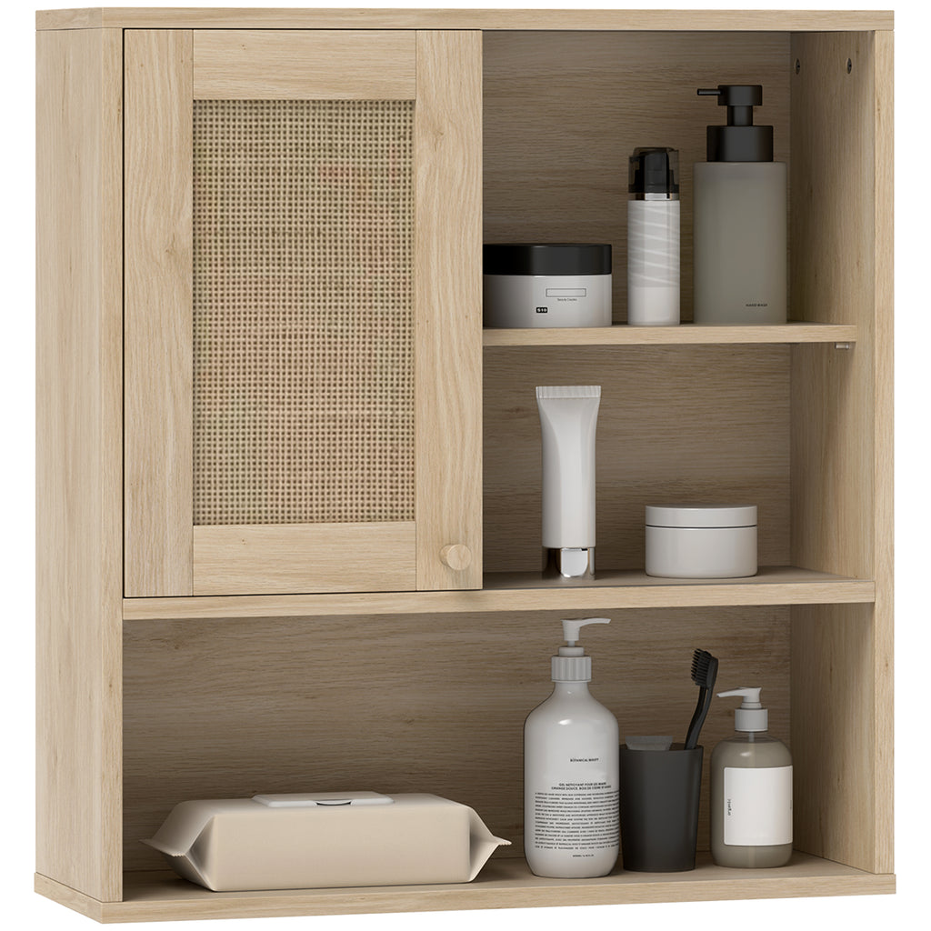 HOMCOM Wandhängeschrank, Badezimmerschrank mit Rattantür und offenen Regalen, Naturholz