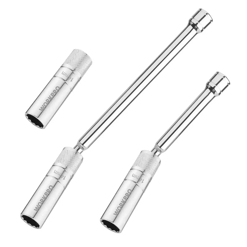 WORKPRO Magnetic Swivel Spark Plug Socket Set – 3-Pc Thin-Wall 14mm + 6″ & 10″ Extensions
