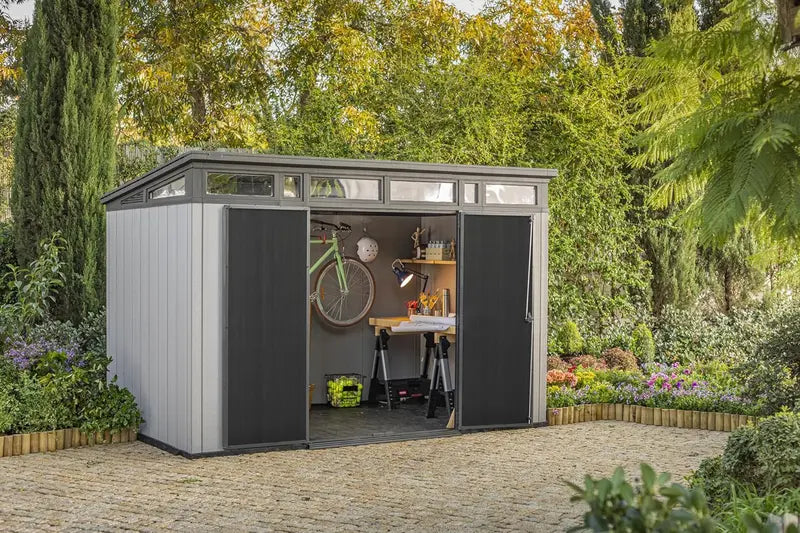 Keter Artisan 11′ x 7′ Modern Resin Storage Shed – Grey & Black, Ideal for Patio Furniture & Garden Gear