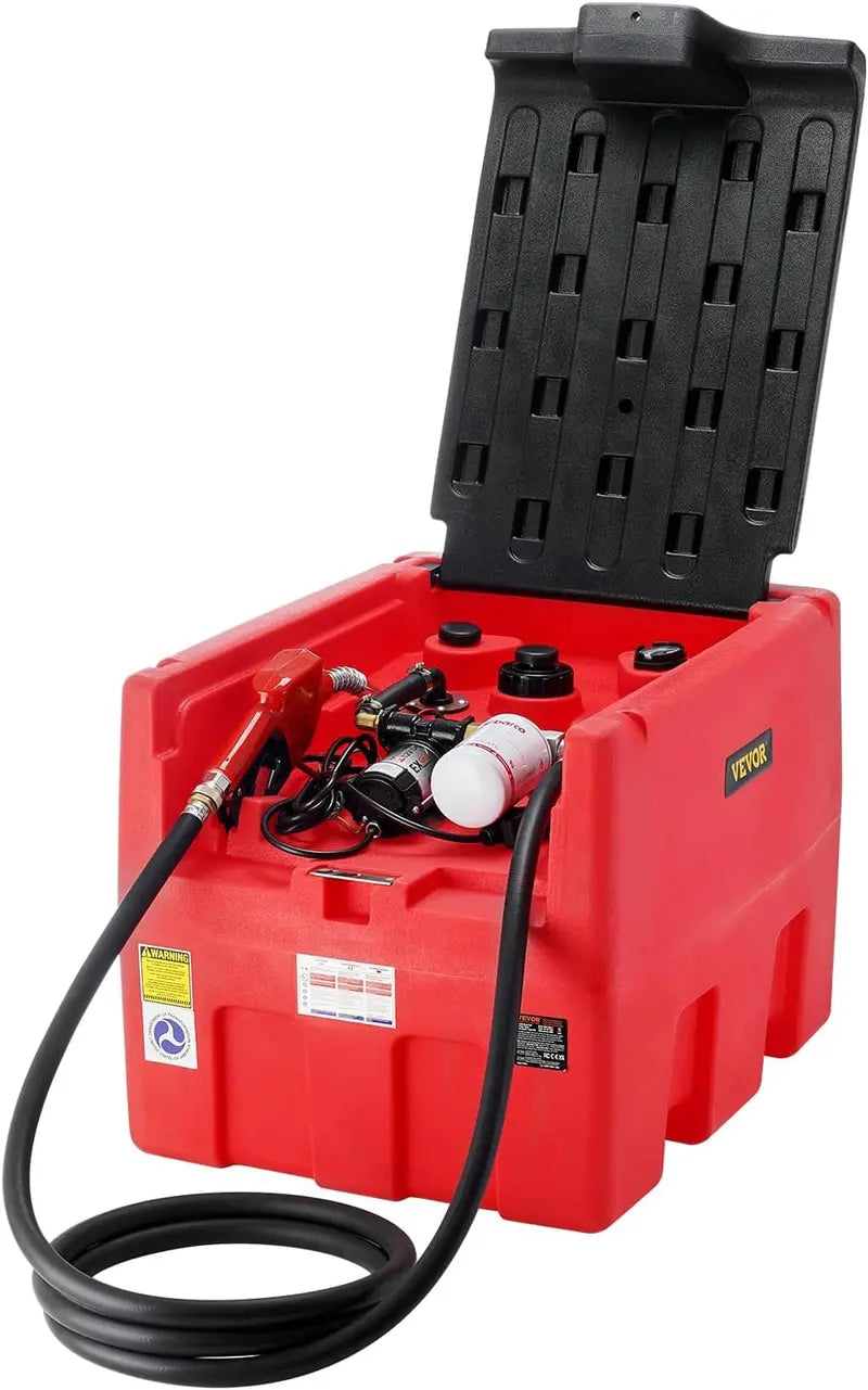 Red 48-Gallon Dual-Fuel Transport Tank – 12V Electric Pump, 10.6 GPM Transfer Rate, Heavy-Duty Hose & Auto Fueling Nozzle