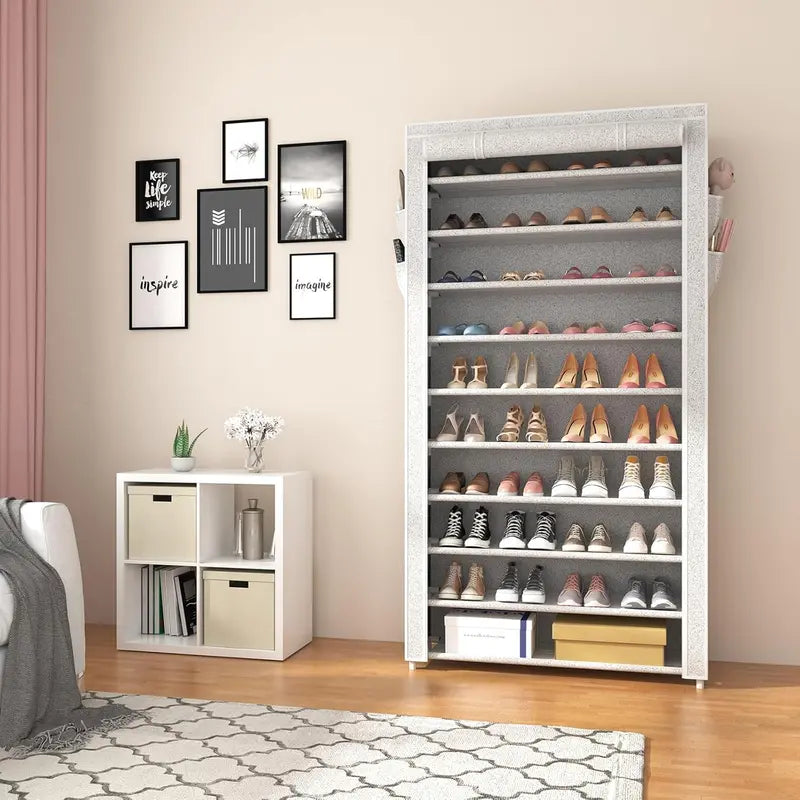 ROJASOP 10-Tier Covered Shoe Rack – Stackable Tall Storage Shelf with Dust Covers