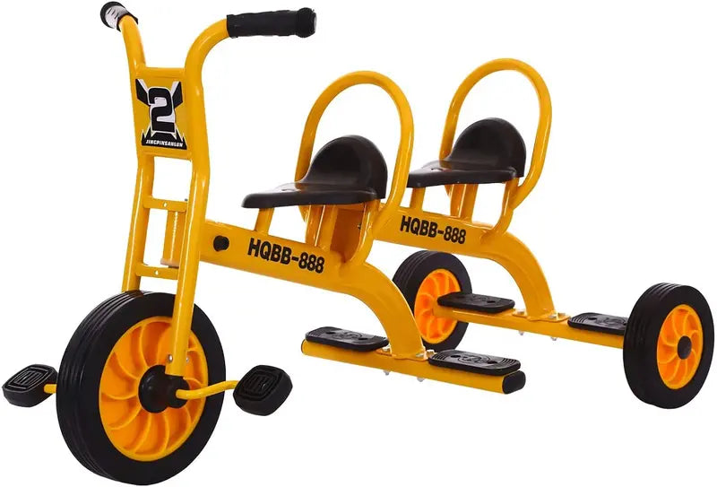 Yellow Kids Tandem Tricycle with Passenger Seat, Inflation-Free Rubber Wheels – Suitable for Ages 3+, Preschool & Daycare Playground Use