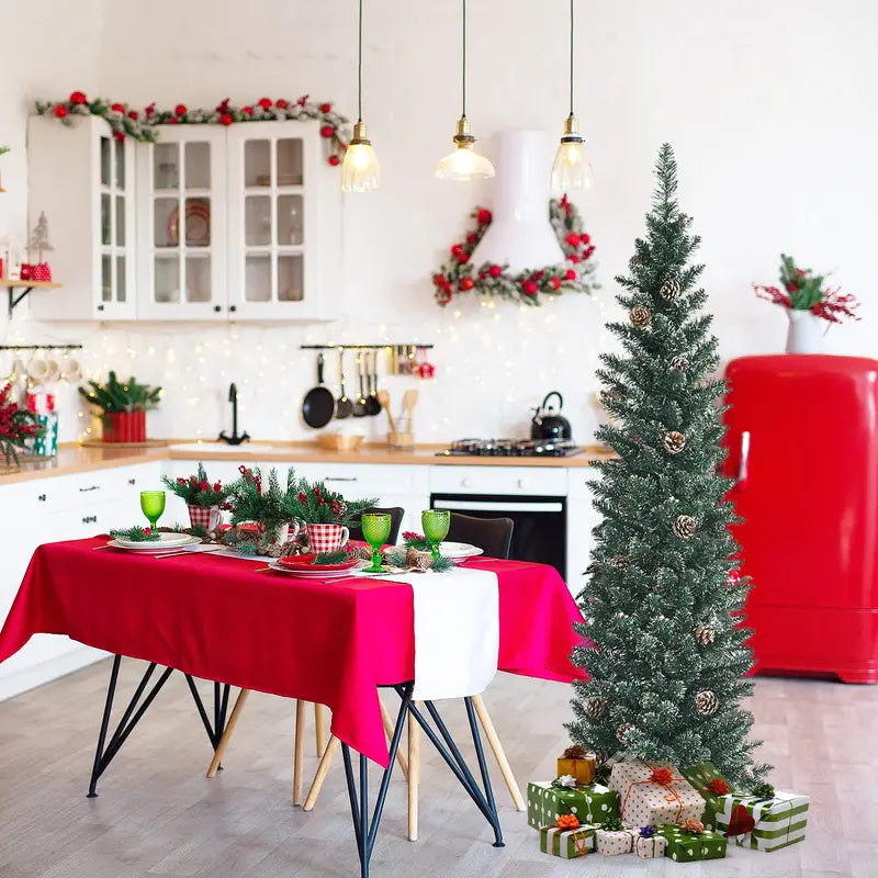 Slim Snow-Flocked Pencil Christmas Tree – Pre-Lit Artificial Tree with Hinged Branches
