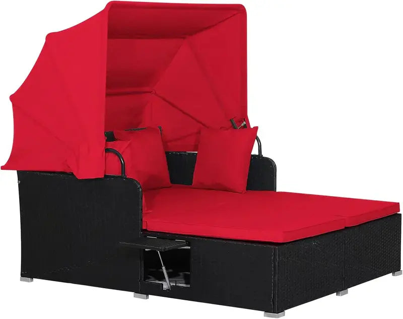 RELAX4LIFE Outdoor Wicker Daybed — Patio Sunbed with Removable Canopy & Four Cushion Pillows
