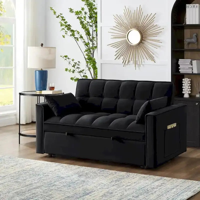 Velvet Pull-Out Sleeper Loveseat – Convertible Reclining Couch with Dual Side Storage Pockets
