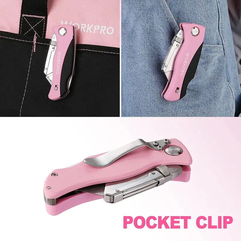WORKPRO Pink Folding Utility Knife – Quick-Change Razor Blade Cutter with Pink Ribbon Design