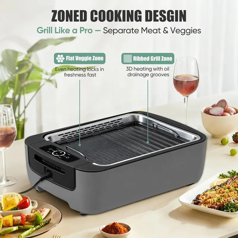 Smokeless Indoor Grill with Dual-Zone Cooking: LED Smart Display, 6-Temp Settings, Non-Stick Removable Plates, and Dishwasher-Safe Components