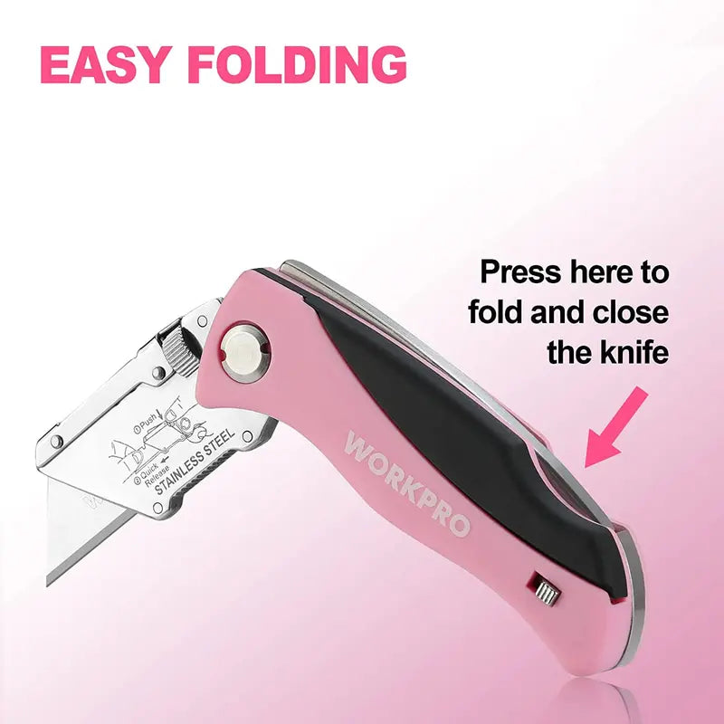 WORKPRO Pink Folding Utility Knife – Quick-Change Razor Blade Cutter with Pink Ribbon Design