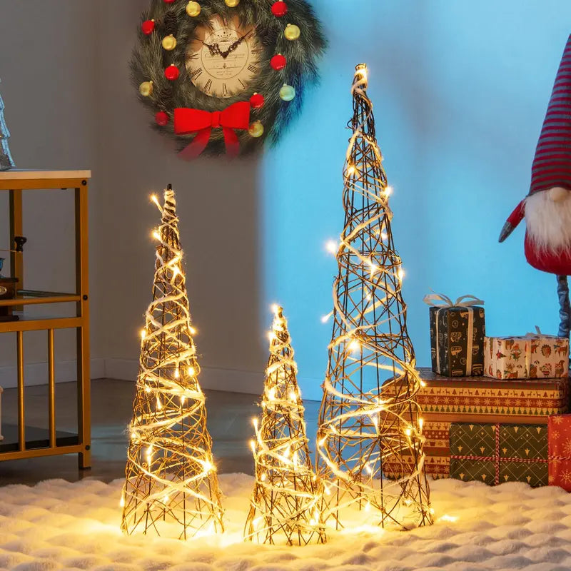 Set of Three Tapered Indoor Christmas Cone Trees — 32″, 24″, and 16″ with Warm White LED Lights