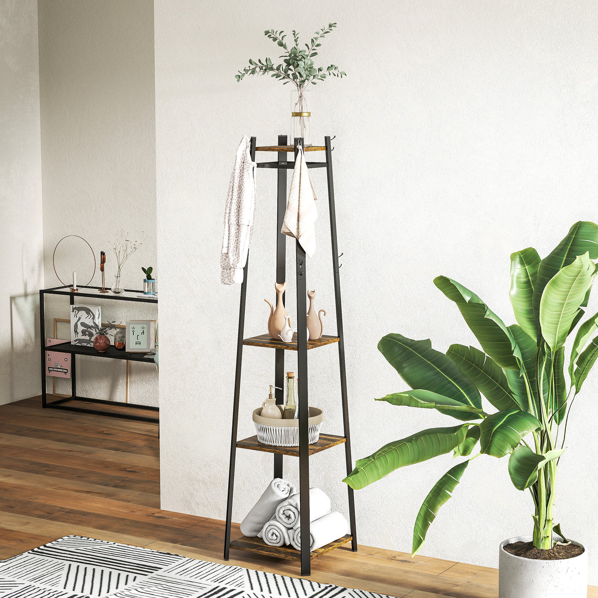 HOMCOM Kleiderständer mit 8 Haken, 3 Regalen und oberer Ablage, 34x34x170 cm, Braun