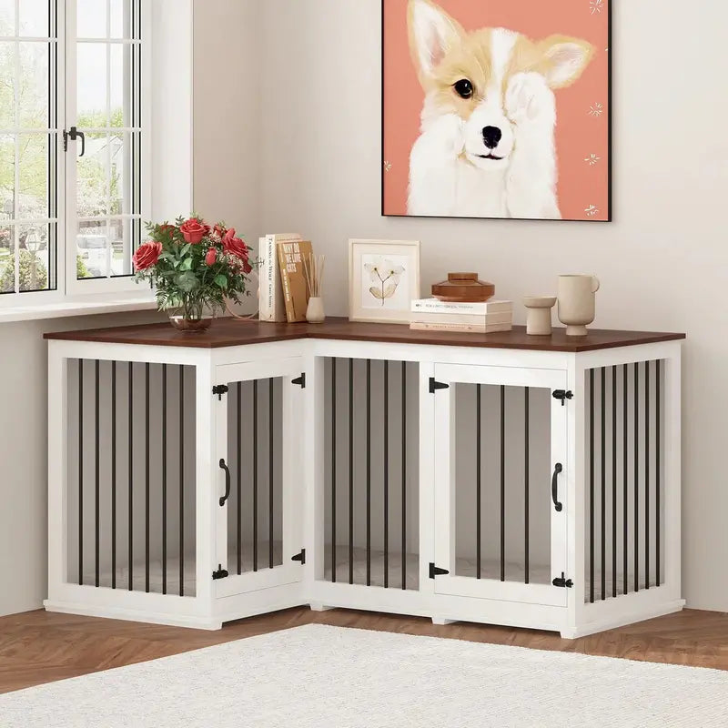 L-Shaped Corner Dog Crate Furniture – Dual-Dog Capacity, 58.7″ x 41.1″, Stylish Enclosed Design