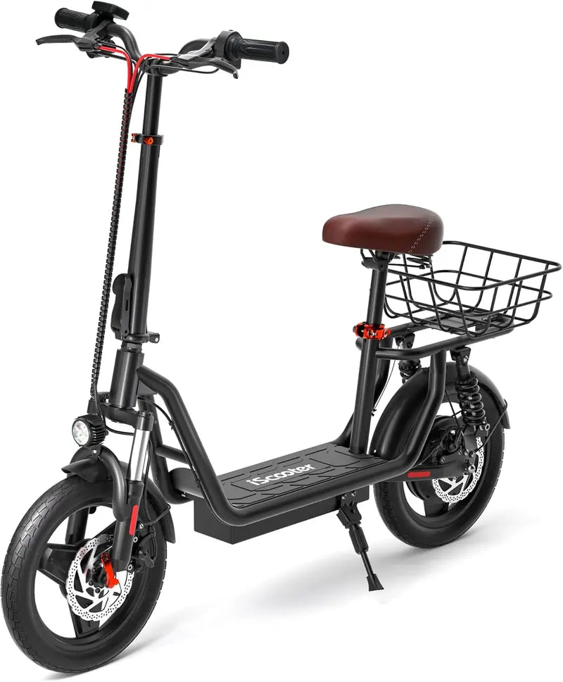 iScooter Foldable Electric Scooter with Seat – 37-Mile Range, Triple-Speed Modes (28/19/15.6 mph), Dual Suspension & Front Basket