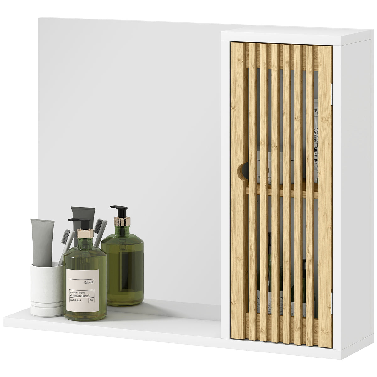 HOMCOM Badezimmerschrank mit Spiegel, Regal, Tür mit Bambuslatten und verstellbarem Regal, weiß