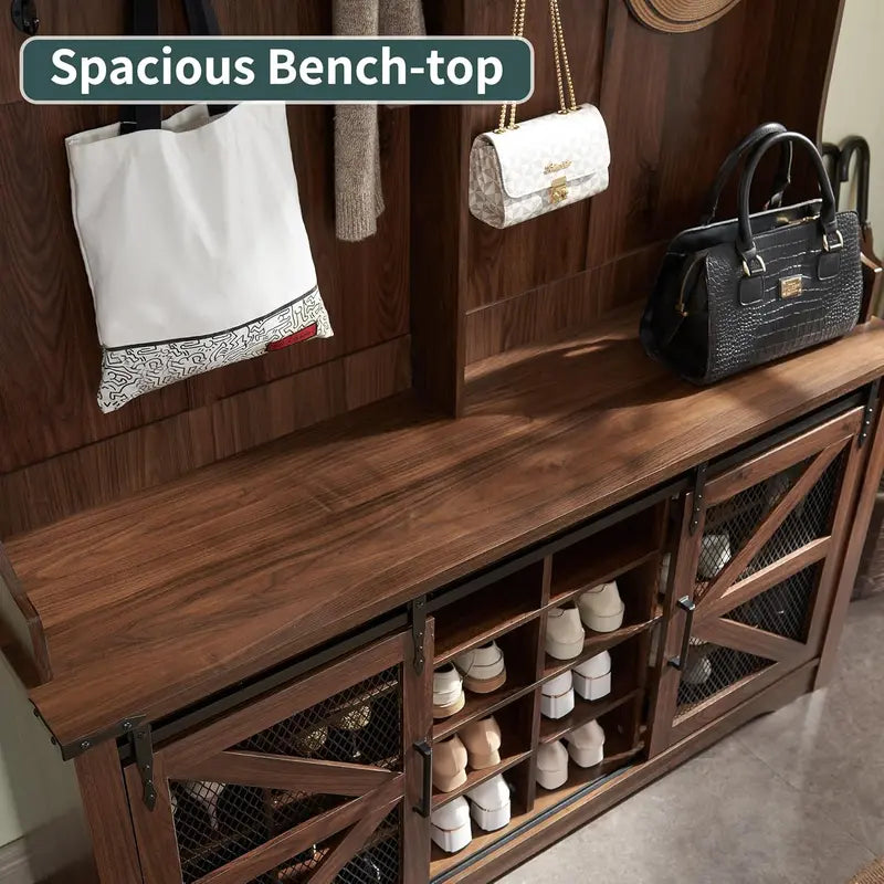 JXQTLINGMU Farmhouse Entryway Bench – 59-Inch Shoe Storage Foyer Tree with Coat Hooks & Cabinet