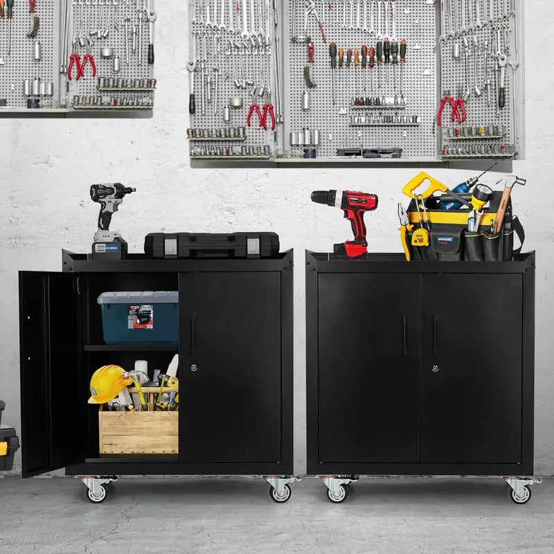 Rolling Metal Garage Storage Cabinet with Lockable Doors, Adjustable Shelves, and Tool Organization – 34″H x 30.3″L x 18″W