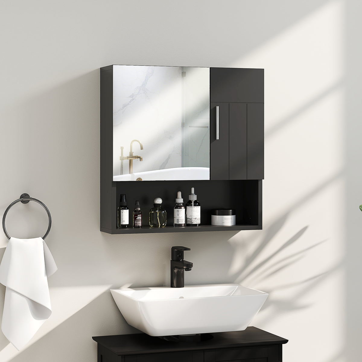 Kleankin Badezimmerschrank mit verstellbaren Regalen und offenem Regal, 54x15,2x55,3 cm, Schwarz