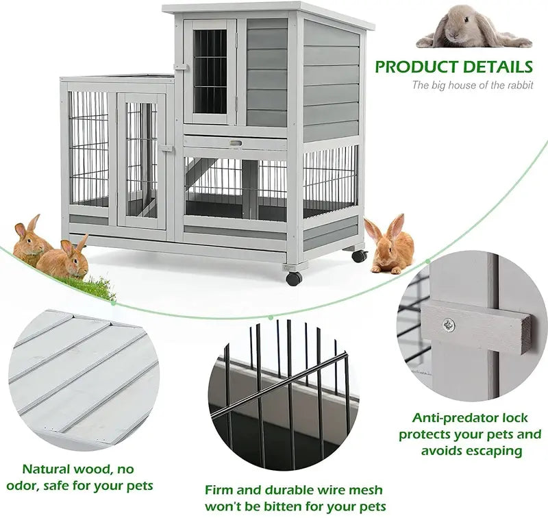 YODOLLA Large Indoor Rabbit Hutch with Wheels, Fir Wood Bunny Cage for Small Animals, Easy Clean Trays & Nesting Box