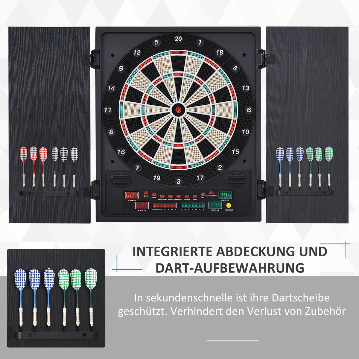 HOMCOM Elektronische Dart-set mit Tür Dartboard Dartscheibe mit automatischer Wertung Soundeffekte 12 Darts 27 Spiele und 202 Trefferoptionen für 8 Spieler 57 x 51 x 6,5 cm
