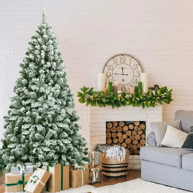 Snow-Flocked Hinged Pine Christmas Tree – Realistic Pre-Lit Artificial Holiday Tree