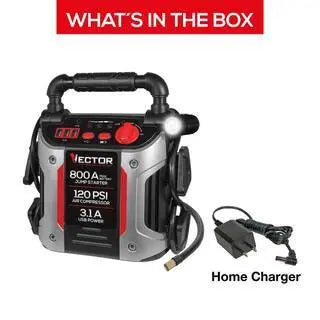 VECTOR Car Jump Starter 800A with 120 PSI Compressor & USB Ports
