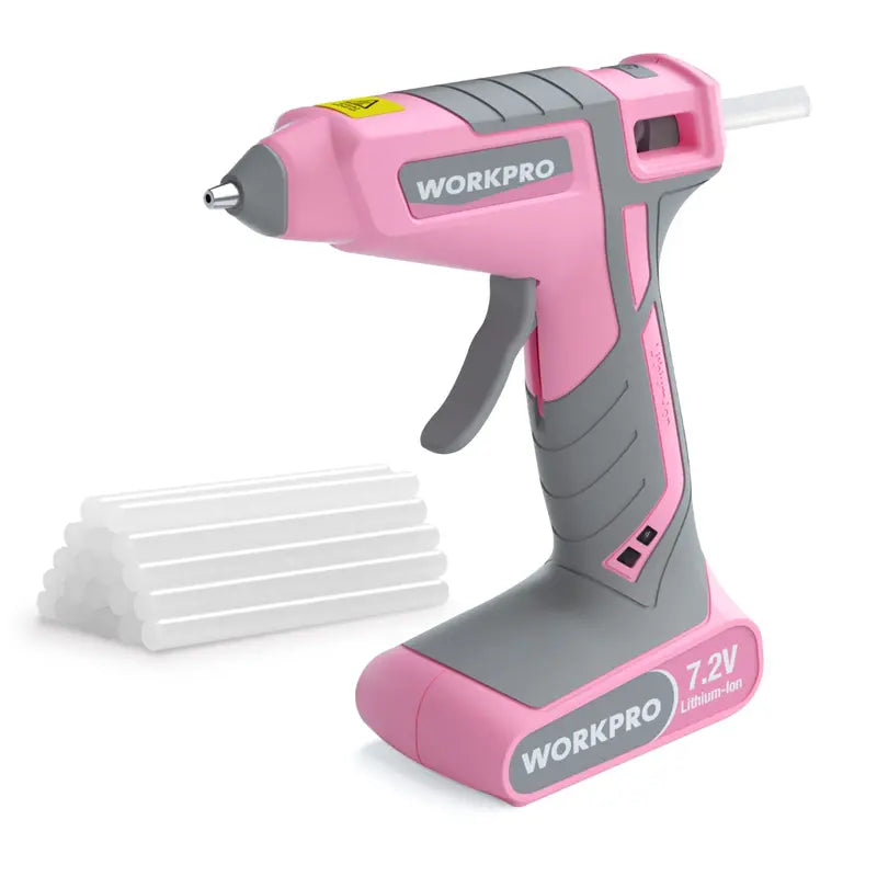 WORKPRO 7.2V Cordless Hot Melt Glue Gun – Compact Pink Ribbon Edition