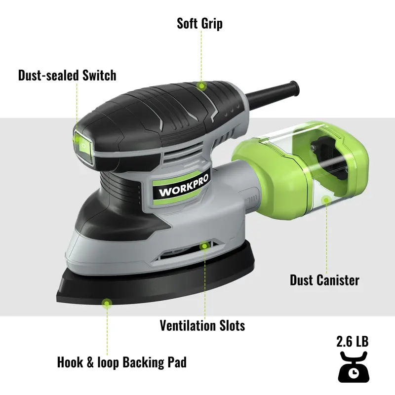 WORKPRO 1.6-Amp Compact Detail Sander – 13,000 OPM with Integrated Dust Collection