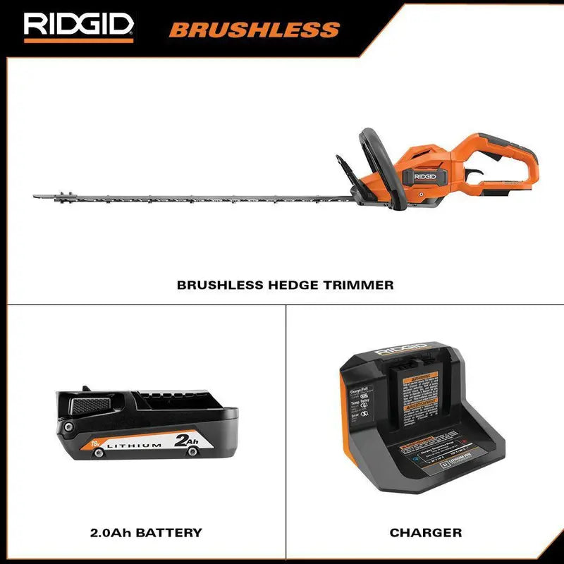 RIDGID 18V Brushless 22″ Hedge Trimmer Kit with 2.0 Ah Battery & Charger