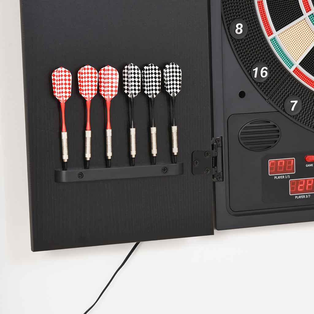 HOMCOM Elektronische Dart-set mit Tür Dartboard Dartscheibe mit automatischer Wertung Soundeffekte 12 Darts 27 Spiele und 202 Trefferoptionen für 8 Spieler 57 x 51 x 6,5 cm