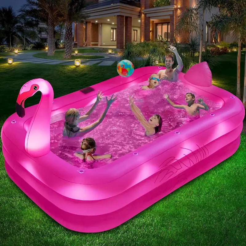 Solar-Powered Flamingo Inflatable Pool with LED Lights – Durable 105″ x 65″ x 25″ Outdoor Kiddie & Adult Pool