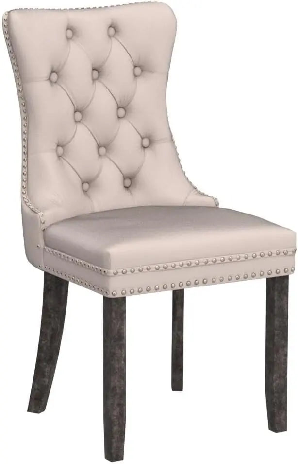 Set of 6 Beige Velvet Dining Chairs with Ring Pull and Nailhead Accents – Tufted Luxury Seating for Dining Room, Living Room, or Kitchen