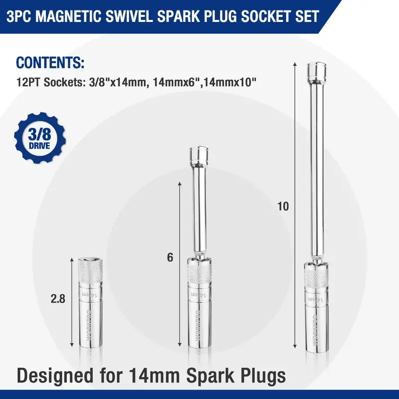WORKPRO Magnetic Swivel Spark Plug Socket Set – 3-Pc Thin-Wall 14mm + 6″ & 10″ Extensions
