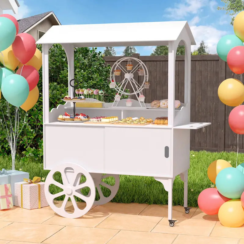 Wooden Dessert Cart with Wheels – Mobile Candy or Party Serving Station with Cabinet Storage