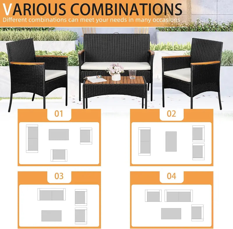 Shintenchi 4-Piece Wicker Patio Set – Outdoor Conversation Furniture with Wooden Table & White Cushions