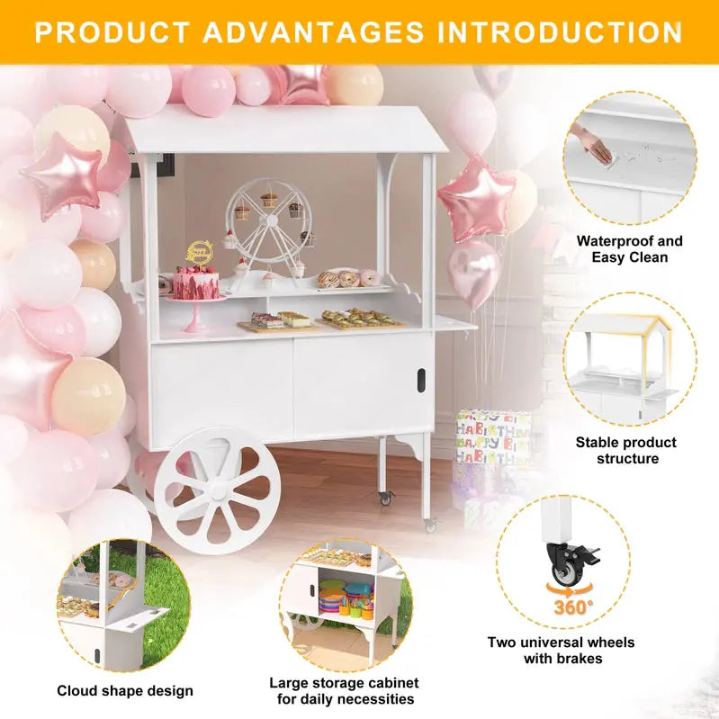 Wooden Dessert Cart with Wheels – Mobile Candy or Party Serving Station with Cabinet Storage
