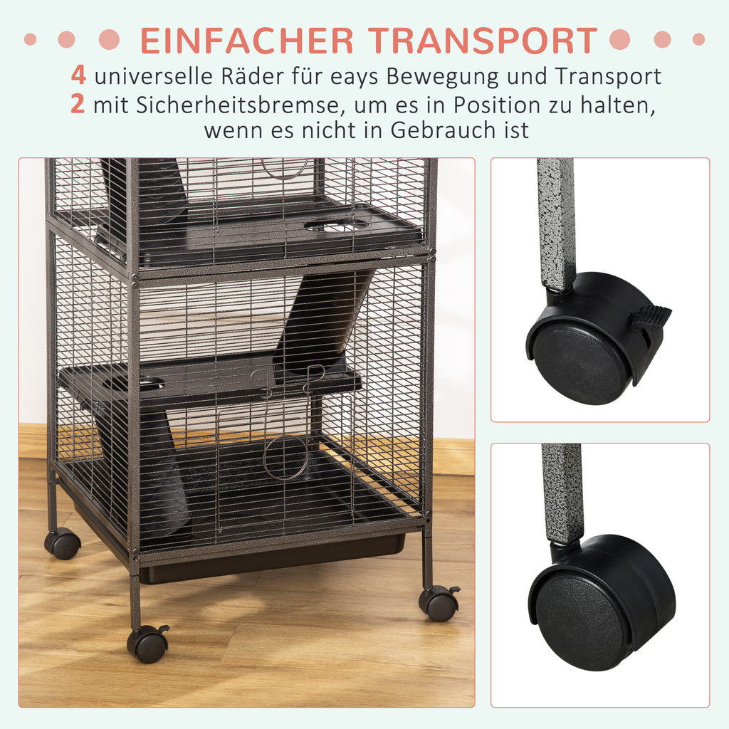 PawHut Kleintierkäfig, Rollbarer Nagerkäfig, 3-stöckiger Tierkäfig mit Hängematten 2 Türen, Metall, Stahl, 52 x 52 x 113,5 cm