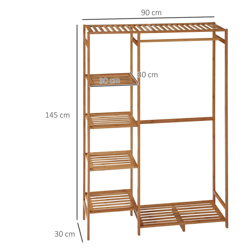 HOMCOM Kleiderständer Garderobenständer mit Kleiderstange, Schuhablag, Regal, Garderobe aus Bambus Naturholz