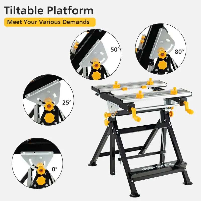 Versatile Folding Workbench with Tilting Surface – 7-Height Settings & Sliding Clamps