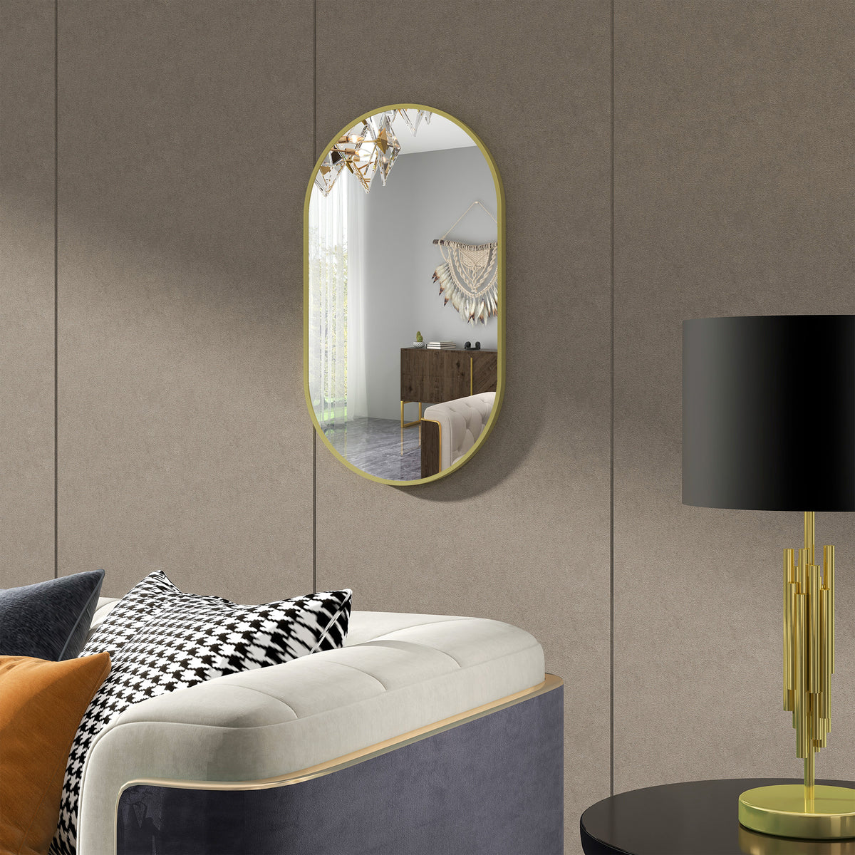HOMCOM Ovaler Wandspiegel mit Aluminiumrahmen, minimalistischem Design, vertikaler oder horizontaler Montage mit 3 Haken 40 x 70 cm in Gold