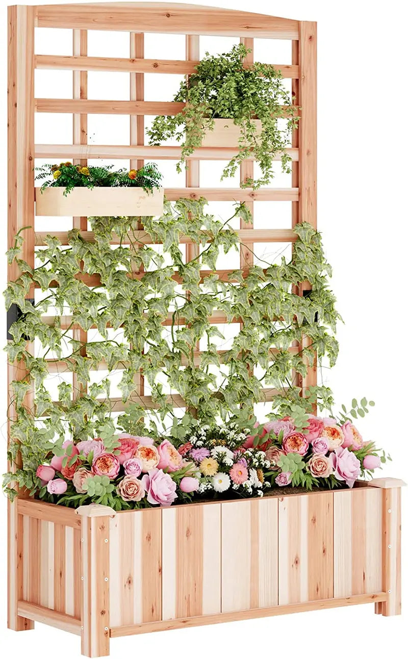 SogesPower Raised Garden Bed with Trellis, Wood Elevated Planter Box with Climbing Trellis, 60″ Tall Freestanding Planter Box for Vine Climbing Plants