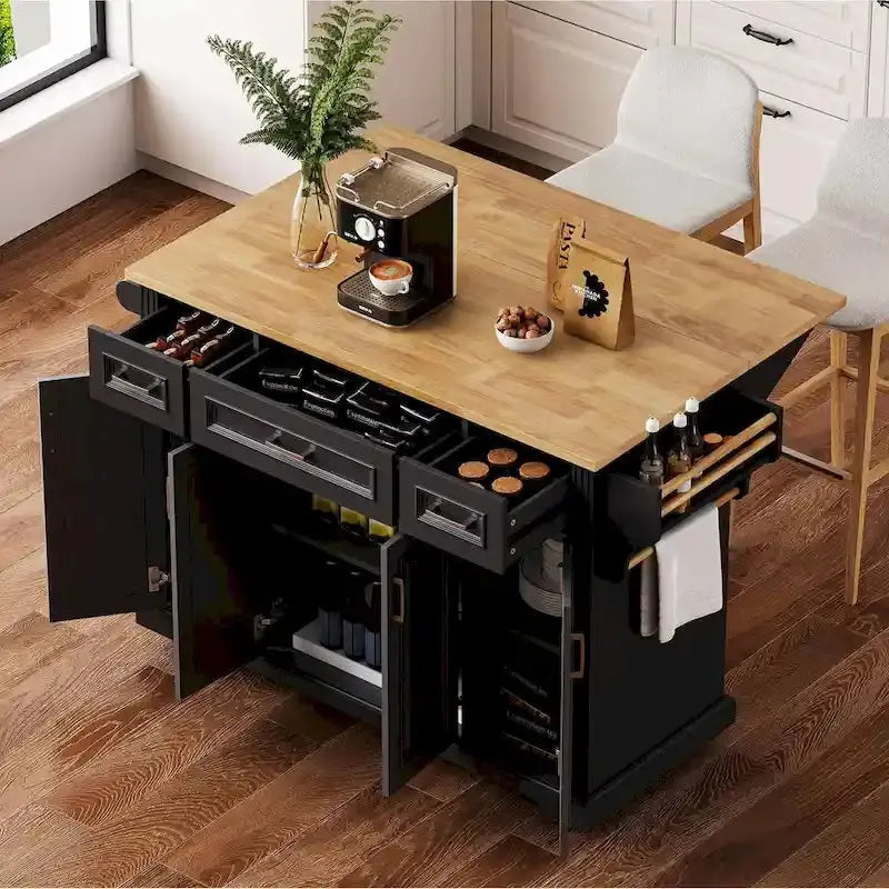 Rolling Kitchen Island Cart – 54″ Rubberwood Drop-Leaf Design with Doors & Drawers