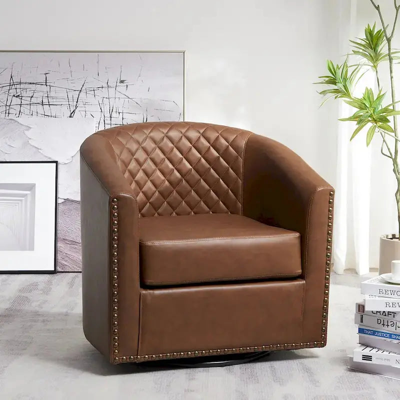 KINWELL Swivel Barrel Chair – 29″ Wide Tufted PU Leather Accent Seating with 360° Rotation