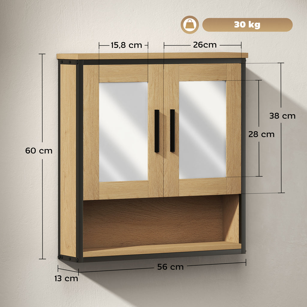 HOMCOM Wandspiegelschrank Badezimmer mit Miroir, Badezimmerschrank mit offenem Fach und verstellbarem Regal, Eiche